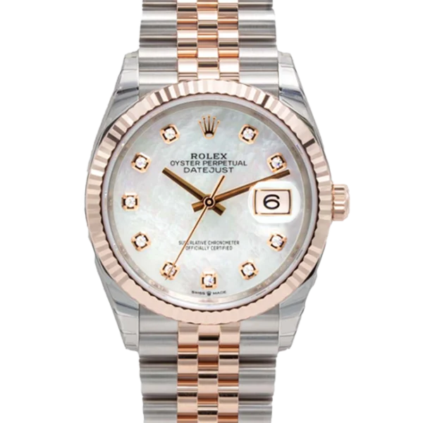 rolex datejust 36 mother of pearl diamond dial jubilee 126231 close front view