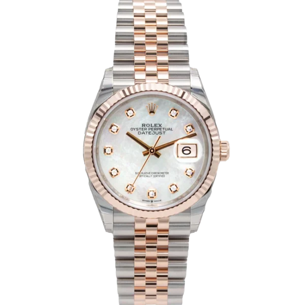 rolex datejust 36 mother of pearl diamond dial jubilee 126231 front view