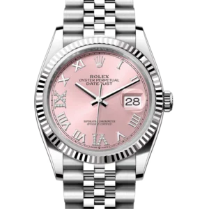 rolex datejust 36 pink roman diamond dial jubilee close front