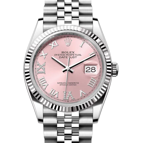 rolex datejust 36 pink roman diamond dial jubilee close front