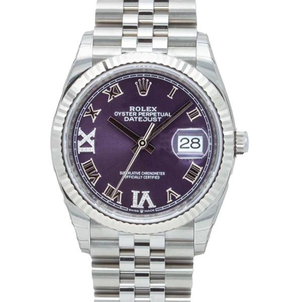 rolex datejust 36 purple roman diamond dial jubilee 126234 close front