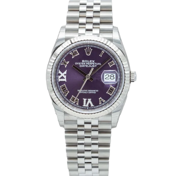 rolex datejust 36 purple roman diamond dial jubilee 126234 front