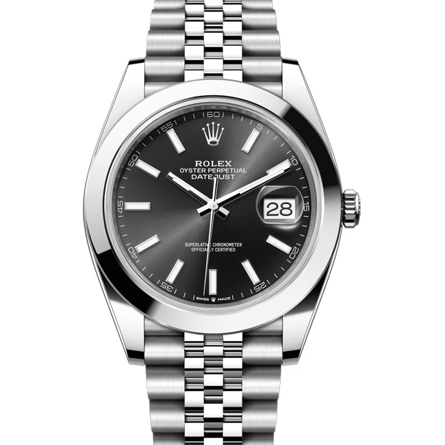 rolex datejust 41 black index dial jubilee smooth bezel 126300 close front