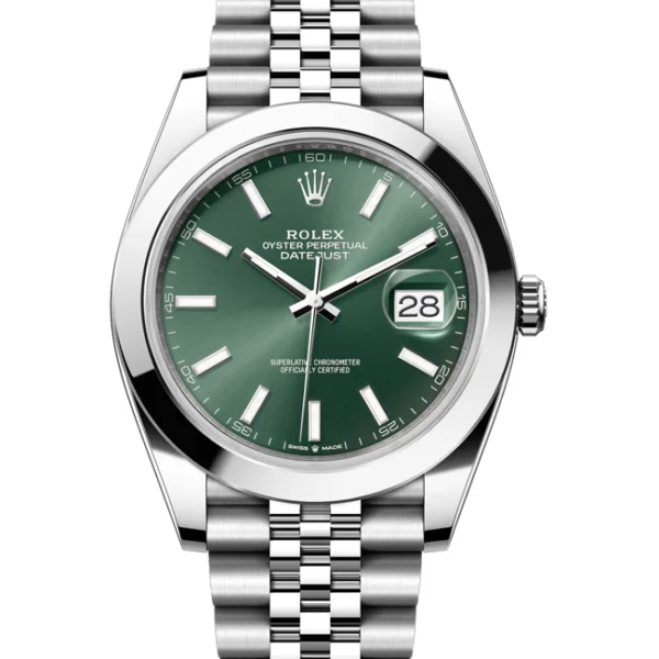 rolex datejust 41 green index dial jubilee 126300 close front