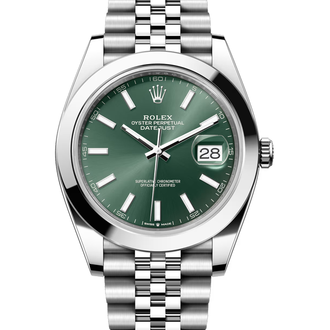 rolex datejust 41 green index dial jubilee 126300 close front