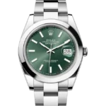 rolex datejust 41 green index dial smooth bezel jubilee 126300 close front