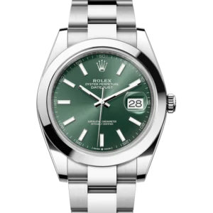 rolex datejust 41 green index dial smooth bezel jubilee 126300 close front