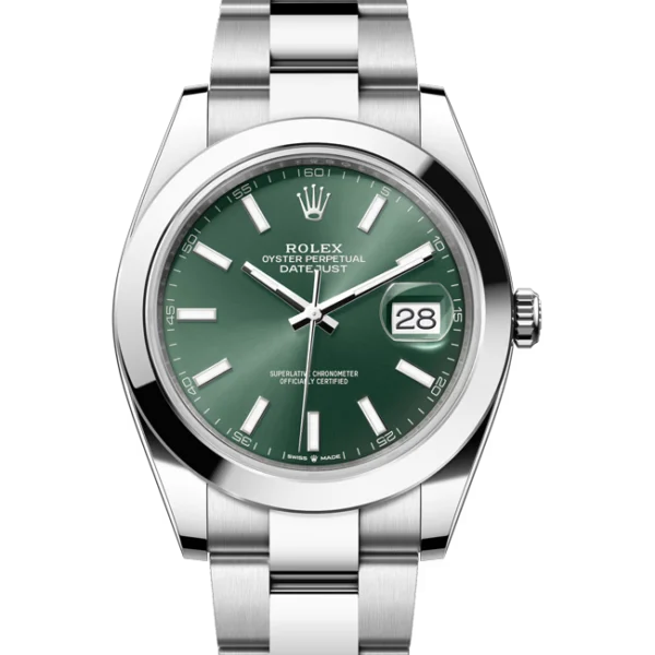 rolex datejust 41 green index dial smooth bezel jubilee 126300 close front