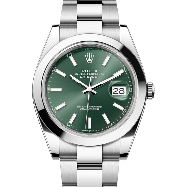 rolex datejust 41 green index dial smooth bezel jubilee 126300 close front