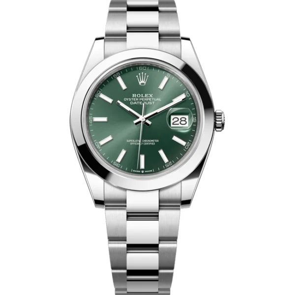 rolex datejust 41 green index dial smooth bezel jubilee 126300 front