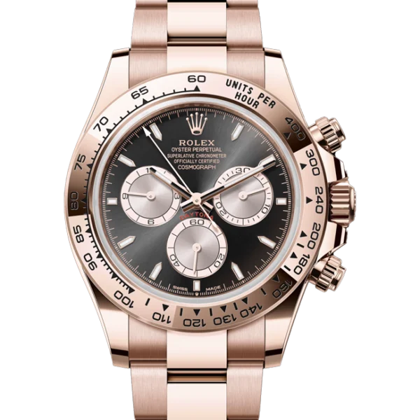 rolex daytona black and steel dial everose gold oyster 126505 close front look