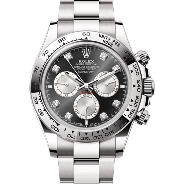 rolex daytona black steel diamond dial white gold oyster 126509 front close look