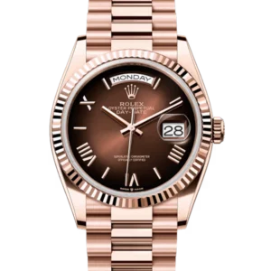 2024 Rolex Day-Date 36 NEW RELEASE Brown Ombré Roman Dial Everose Gold 128235 close front look