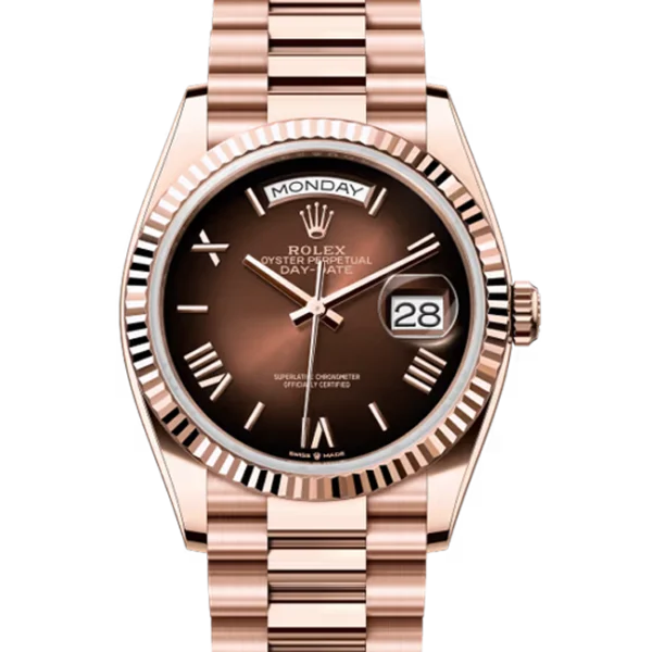 2024 Rolex Day-Date 36 NEW RELEASE Brown Ombré Roman Dial Everose Gold 128235 close front look