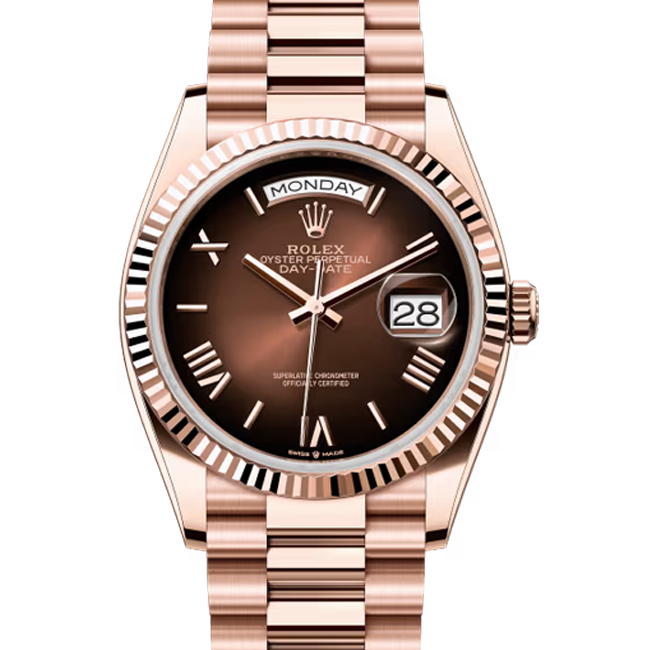 2024 Rolex Day-Date 36 NEW RELEASE Brown Ombré Roman Dial Everose Gold 128235 close front look