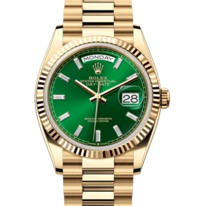 2024 Rolex Day-Date 36 NEW RELEASE Green Index Diamond Dial Yellow Gold 128238 close front