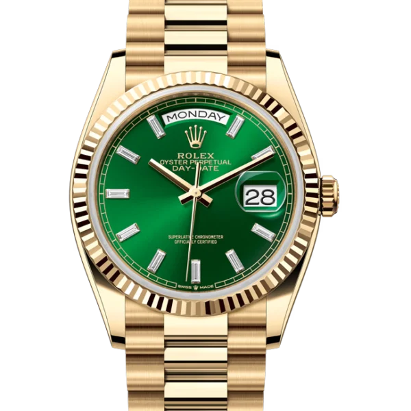 2024 Rolex Day-Date 36 NEW RELEASE Green Index Diamond Dial Yellow Gold 128238 close front