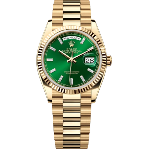 2024 Rolex Day-Date 36 NEW RELEASE Green Index Diamond Dial Yellow Gold 128238 front