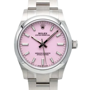 Ladies rolex oyster perpetual 31 candy pink 277200 closer front look