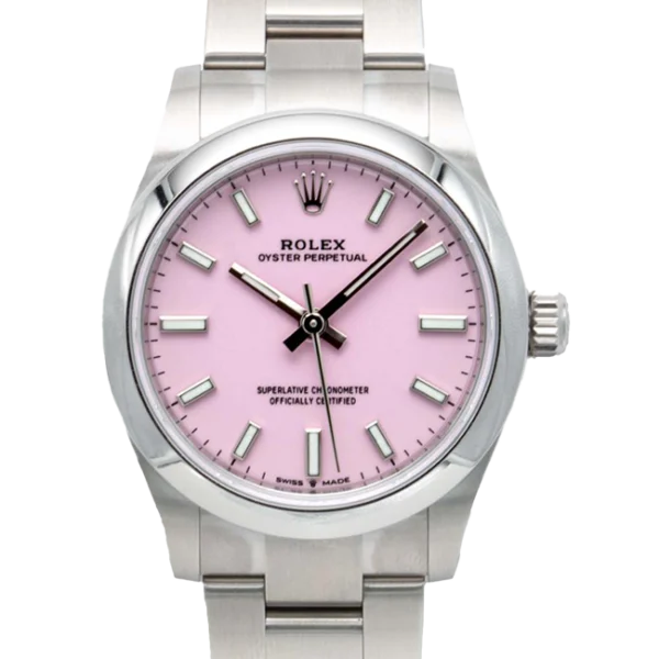 Ladies rolex oyster perpetual 31 candy pink 277200 closer front look