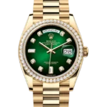 Rolex Day-Date 36 Green Ombré Diamond Dial Yellow Gold 128348 close front