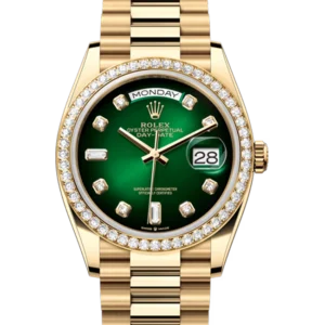 Rolex Day-Date 36 Green Ombré Diamond Dial Yellow Gold 128348 close front