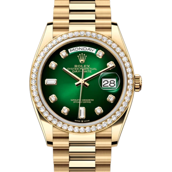 Rolex Day-Date 36 Green Ombré Diamond Dial Yellow Gold 128348 close front