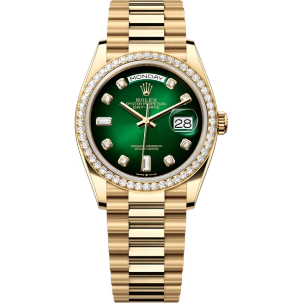 Rolex Day-Date 36 Green Ombré Diamond Dial Yellow Gold 128348 front