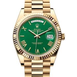 Rolex Day-Date 40 Green Index Diamond Dial Yellow Gold 228238 close front