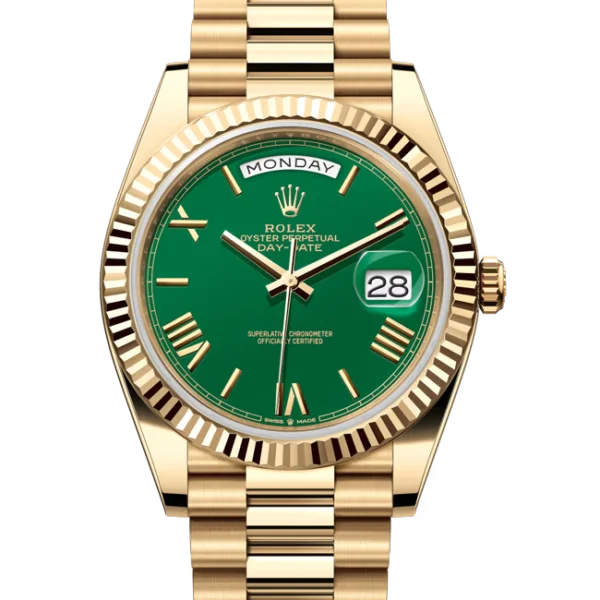 Rolex Day-Date 40 Green Index Diamond Dial Yellow Gold 228238 close front