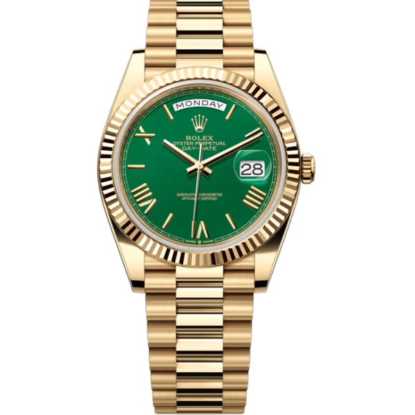 Rolex Day-Date 40 Green Index Diamond Dial Yellow Gold 228238 front