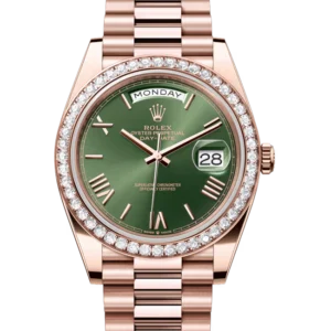 Rolex Day-Date 40 Olive Green Roman Dial Everose Gold 228345 close front