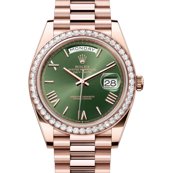 Rolex Day-Date 40 Olive Green Roman Dial Everose Gold 228345 close front