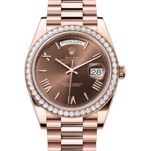 Rolex Day-Date Chocolate Roman Dial Rose Gold 228345 close front