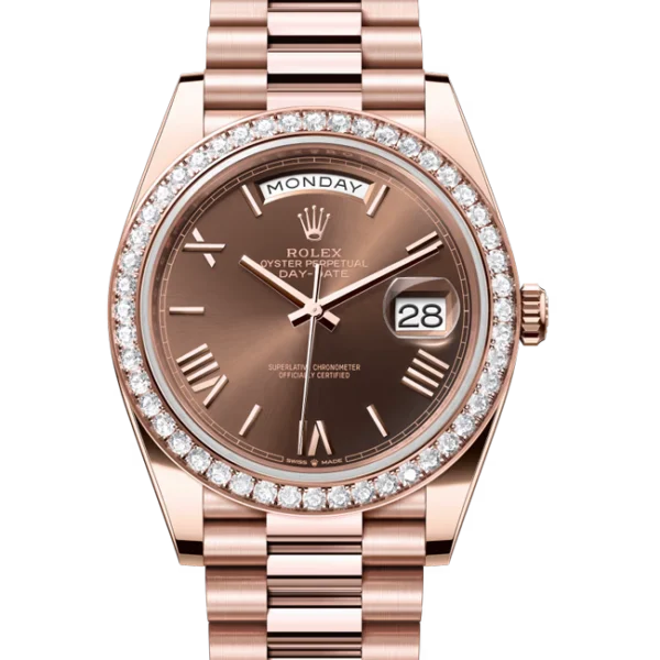 Rolex Day-Date Chocolate Roman Dial Rose Gold 228345 close front