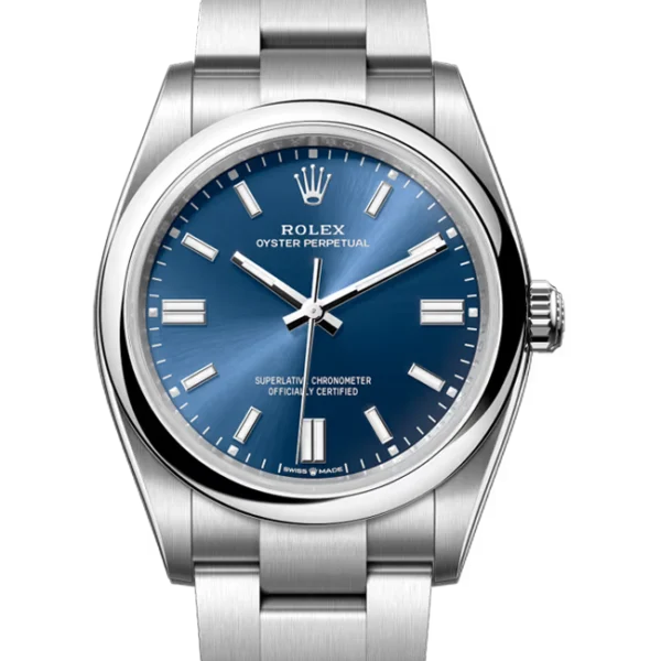 Rolex Oyster Perpetual 36 bright blue dial 126000 close front view