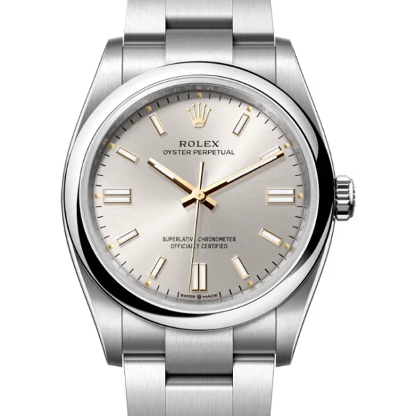 Rolex Oyster Perpetual 36 silver dial 126000 close front view