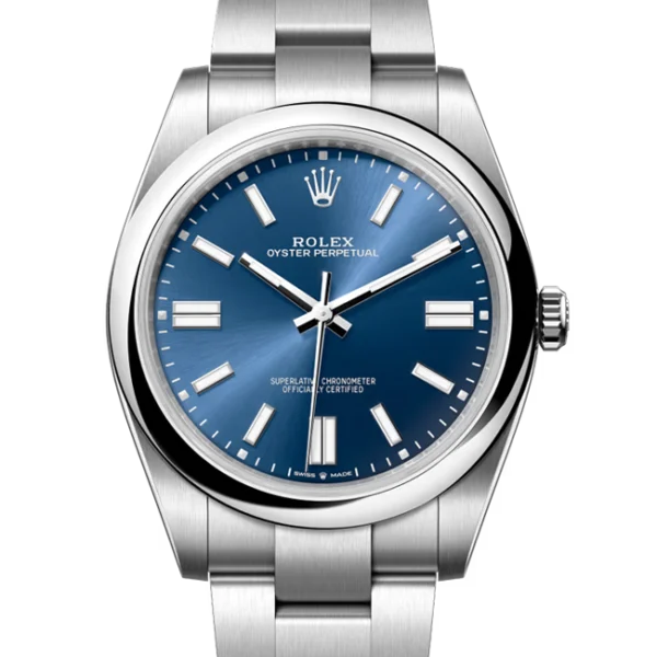 Rolex Oyster Perpetual 41 bright blue dial 124300 close front view