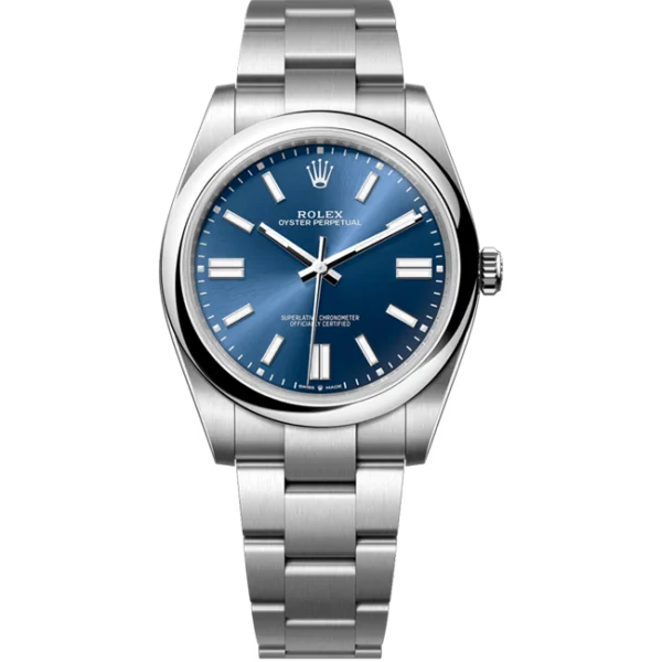 Rolex Oyster Perpetual 41 bright blue dial 124300 front view