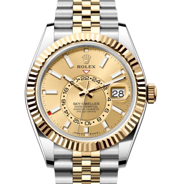 Rolex Sky Dweller Champagne Dial Oystersteel and Yellow Gold Jubilee 336933 close front