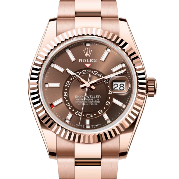 Rolex Sky Dweller Rose Gold Chocolate Dial Oyster 336935 close front