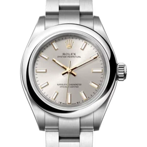 ladies rolex oyster perpetual 28 silver dial closer front look