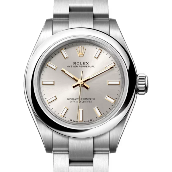 ladies rolex oyster perpetual 28 silver dial closer front look