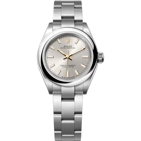 ladies rolex oyster perpetual 28 silver dial front look