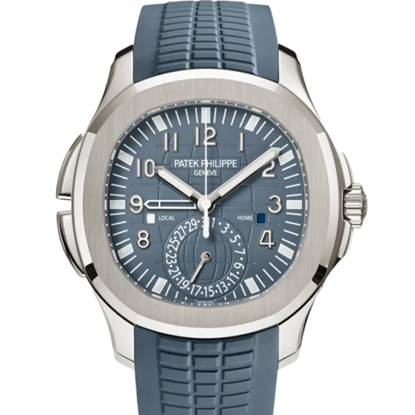 2024 Patek Philippe Aquanaut Travel Time NEW RELEASE Opaline Blue Gray Dial 40.8mm White Gold 5164G-001 - Close front look