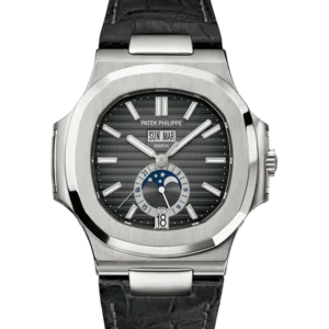 Patek Philippe Nautilus Annual Calendar Stainless Steel Black Dial 5726A-001 Alligator Strap - Close front look