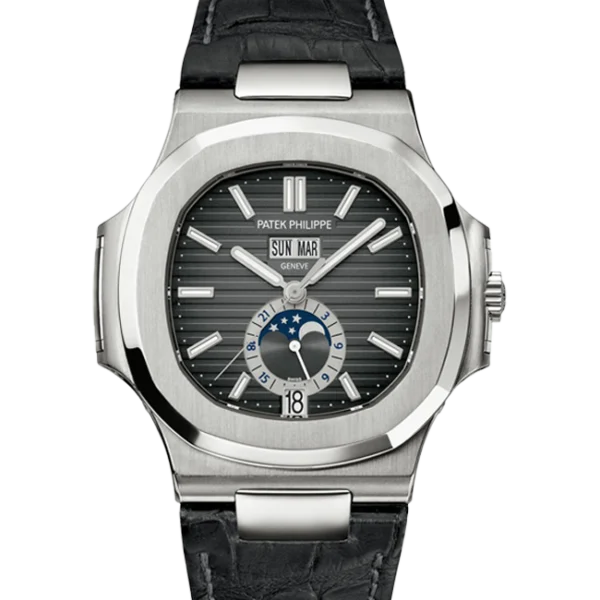 Patek Philippe Nautilus Annual Calendar Stainless Steel Black Dial 5726A-001 Alligator Strap - Close front look