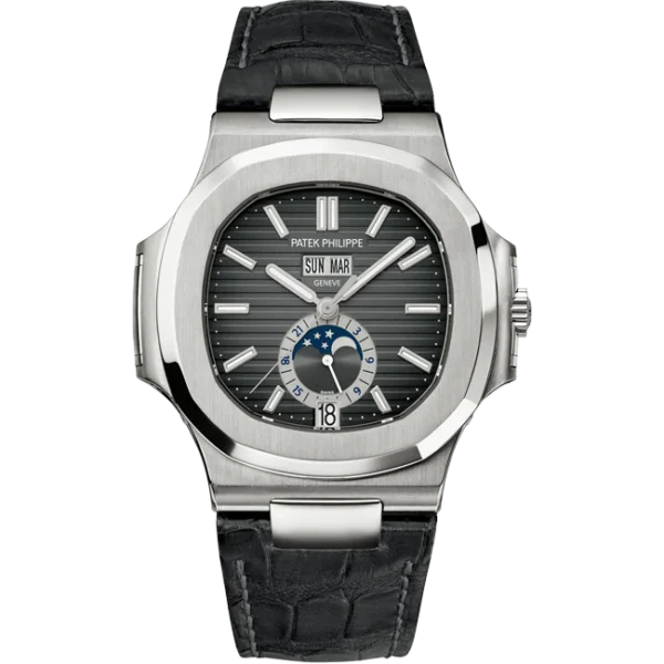 Patek Philippe Nautilus Annual Calendar Stainless Steel Black Dial 5726A-001 Alligator Strap - Front look