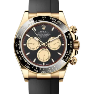 Rolex Daytona 'Paul Newman' Yellow Gold Black Dial Campagne Subdial Oysterflex 40mm 126518 - Brand New - Close front look