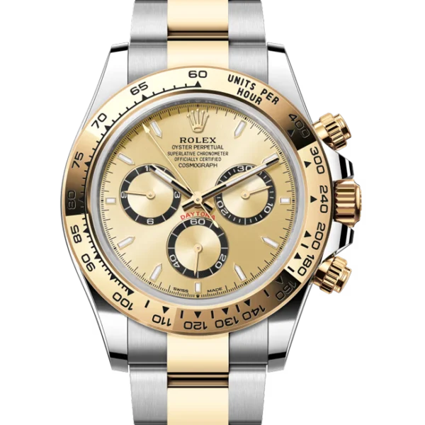 Rolex Daytona Yellow Gold Oystersteel Champagne Dial 40 mm 126503 close front look